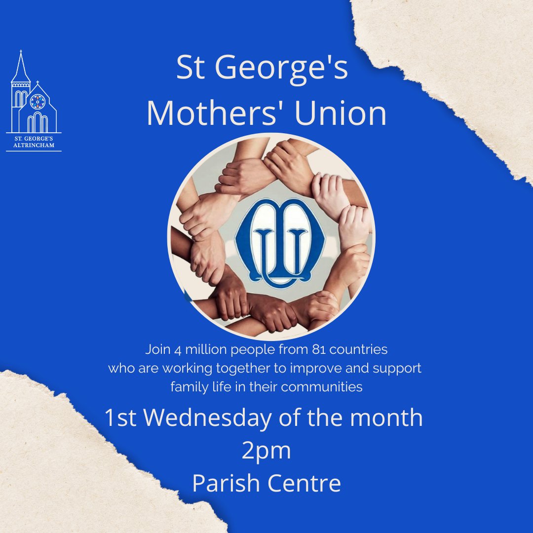 This has the MOther's Uninon logo in the centre. Around it is a circle of hands. The background is blue, with beige cut aways on the lower left, and upper right corners.