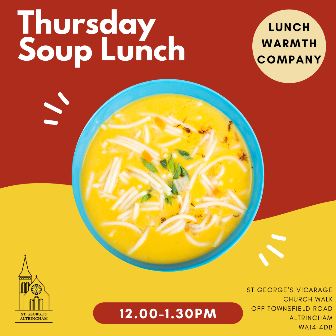 The background is split horizontally in half. The top background is deep red, the bottom backfound yellow, with a picture of some yellow soup in a blue bowl in the middle.