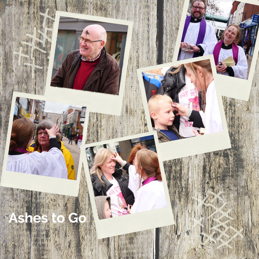 4 pictures of people being 'ashed' having a cross of ash drawn on their foreheads. One picture of two Vicars smiling who were doing the ashing.