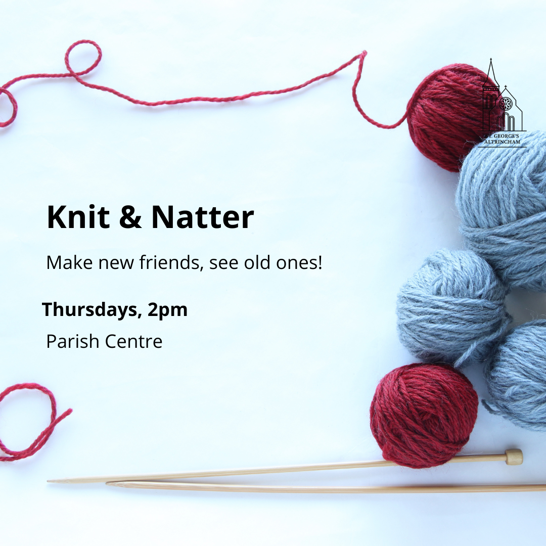Knit & Natter (Instagram Post (Square)) On the right hand side a 5 balls of wool - three blue and 2 maroon., The top mauroon ball has a thread that goes over the top of the past to the left. At the bottom are two knitting needles.
