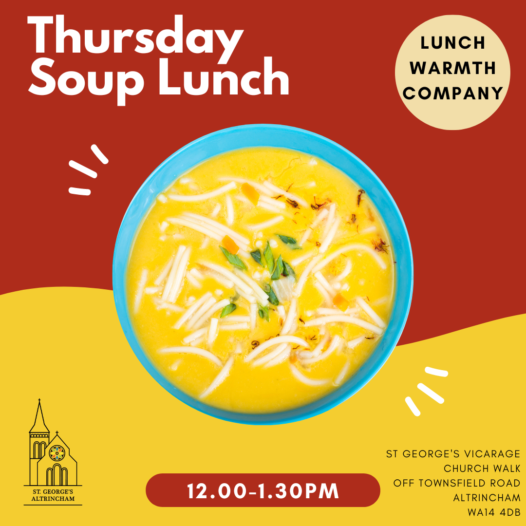 soup lunch The background is split horizontally in half. The top background is deep red, the bottom backfound yellow, with a picture of some yellow soup in a blue bowl in the middle.