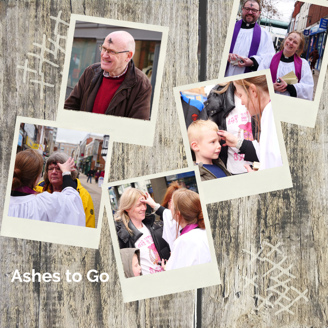 Ashes to Go 4 pictures of people being 'ashed' having a cross of ash drawn on their foreheads. One picture of two Vicars smiling who were doing the ashing.