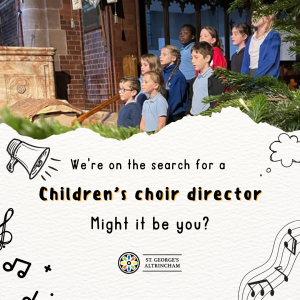 An advert for the job of the Musical Director with a picture of the children on the top and text at the bottom asking'Might it be you?'