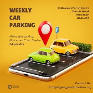 A poster advertising our long term car parking lots. There is a picture of two cars on a car park drawn onto a mobile phone, with a bright red direction sign pointing to it.
